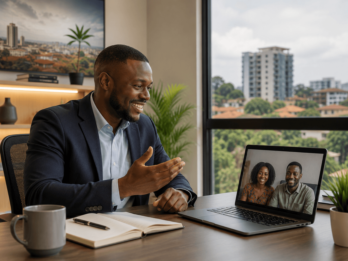 Local advisor speaking with a Ugandan abroad by video call