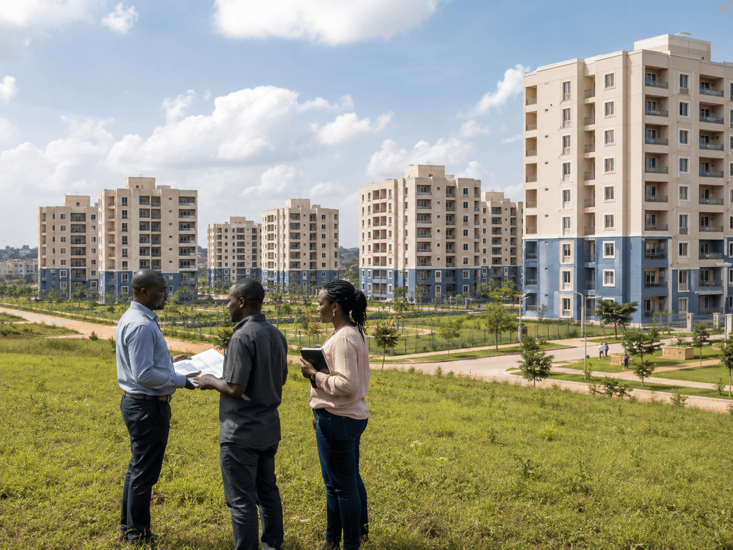 Landowners and housing professionals discussing suitable land near organised affordable housing blocks